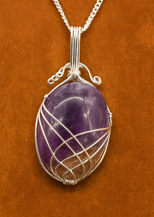 Amethyst Gemstone Necklace – Swirl Wrapped Pendant