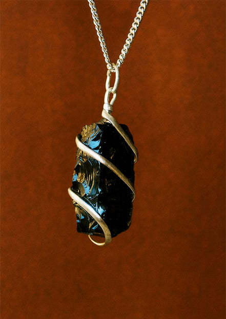 Black Onyx Gemstone Necklace – Cascade Wrapped Rough Pendant