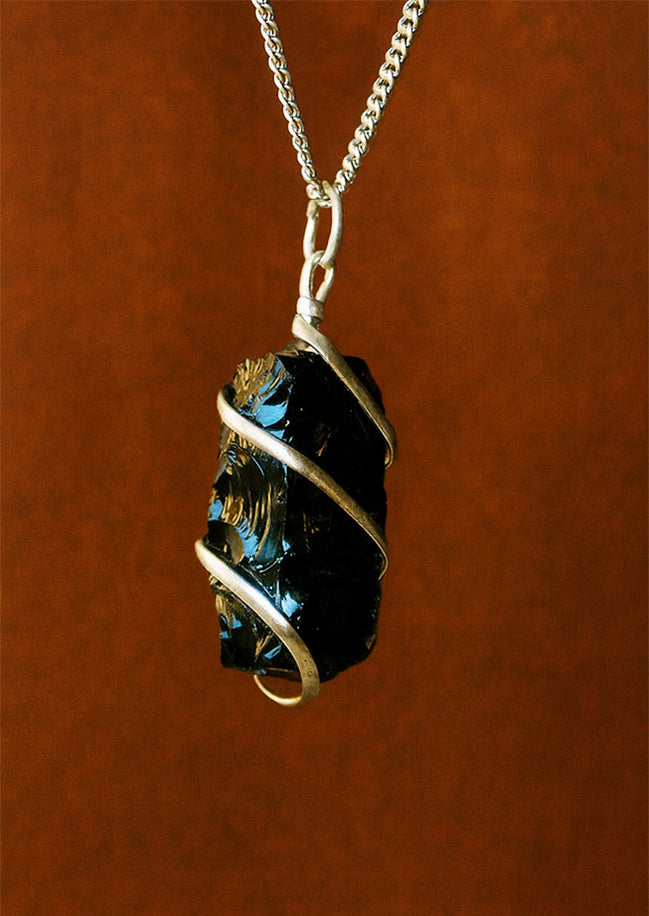Black Onyx Gemstone Necklace – Cascade Wrapped Rough Pendant