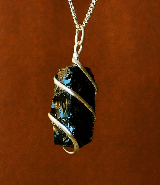 Black Onyx Gemstone Necklace – Cascade Wrapped Rough Pendant