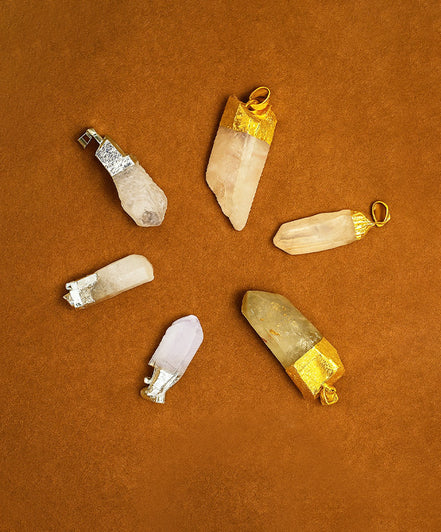 Gemstone Clear Quartz Gold & Silver Plated Pendants – 6 Assorted