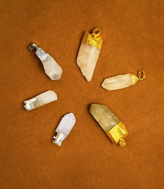 Gemstone Clear Quartz Gold & Silver Plated Pendants – 6 Assorted