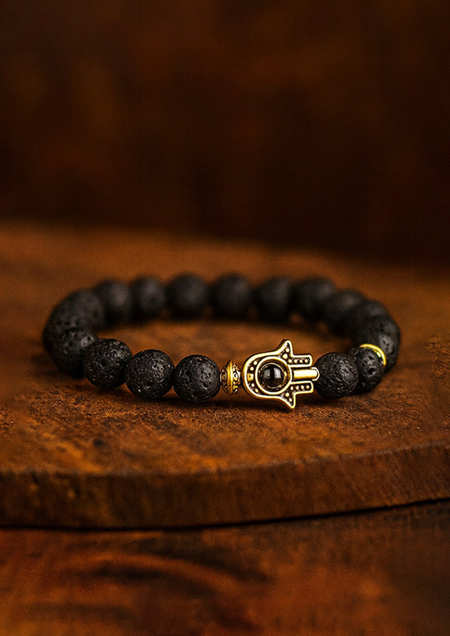 Gold Hamsa Lava Stone Gemstone Bracelet – Boho Jewelry