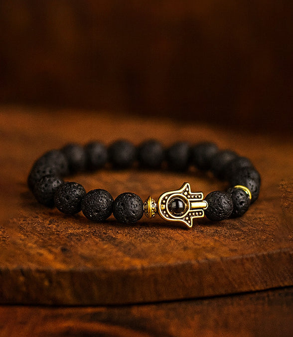 Gold Hamsa Lava Stone Gemstone Bracelet – Boho Jewelry