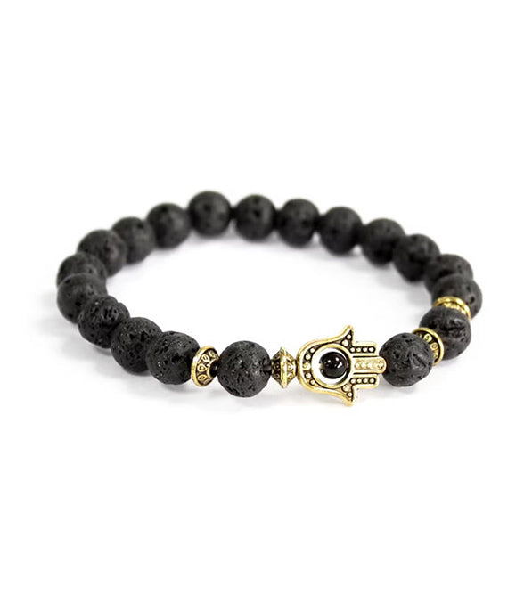 Gold Hamsa Lava Stone Gemstone Bracelet – Boho Jewelry white