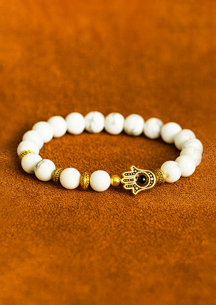 Gold Hamsa White Stone Gemstone Bracelet – Boho Jewelry