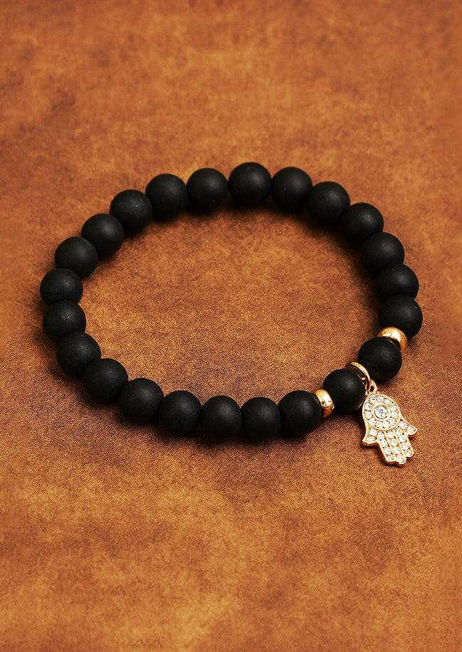 Hamsa Black Agate Gemstone Bracelet – Boho Jewelry
