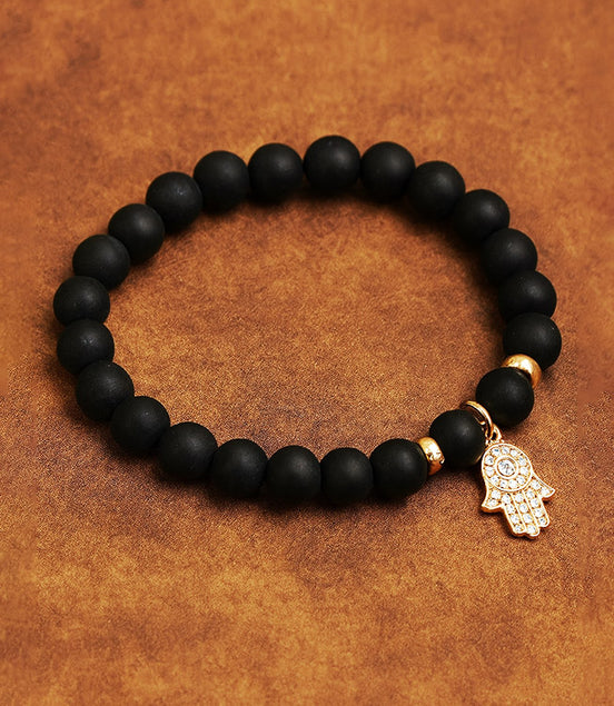 Hamsa Black Agate Gemstone Bracelet – Boho Jewelry