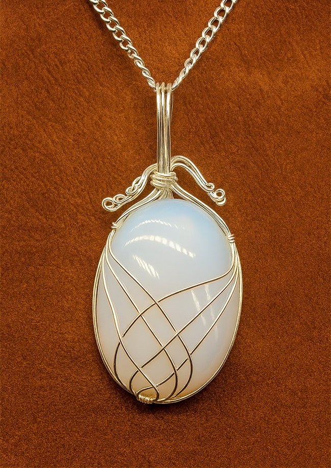 Opalite Gemstone Necklace – Swirl Wrapped Gem Pendant