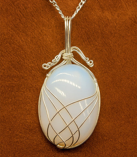 Opalite Gemstone Necklace – Swirl Wrapped Gem Pendant