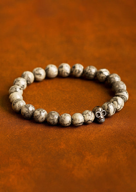 Pewter Skull Grey Agate Gemstone Bracelet – Boho Jewelry