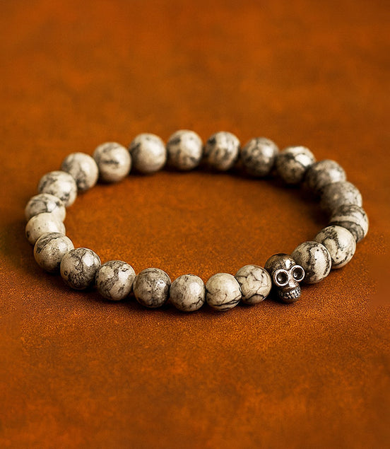 Pewter Skull Grey Agate Gemstone Bracelet – Boho Jewelry