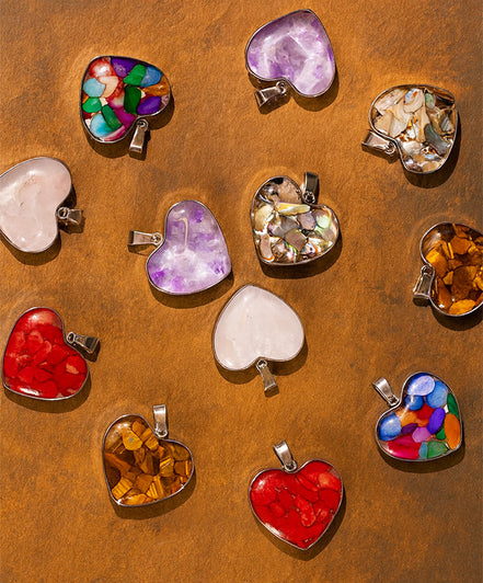 Steel Cased Pendant Hearts – 12 Assorted Gemstone Chips & Shells