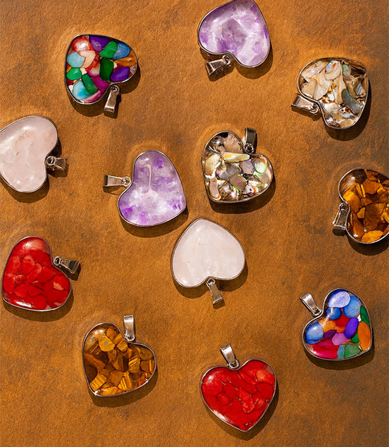 Steel Cased Pendant Hearts – 12 Assorted Gemstone Chips & Shells