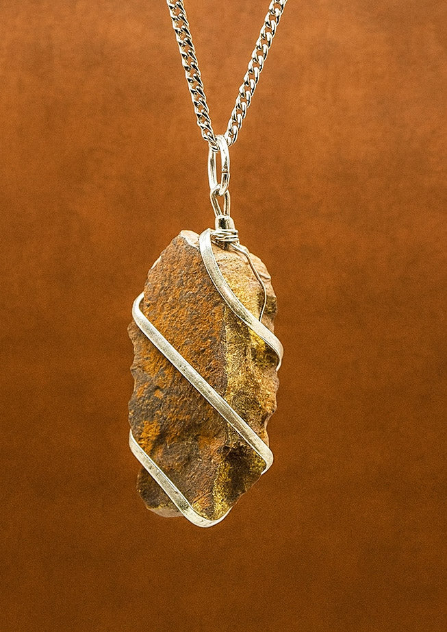Tiger Eye Gemstone Necklace – Cascade Wrapped Rough Pendant