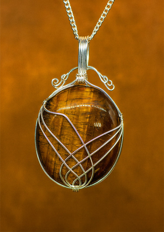 Tiger Eye Gemstone Necklace – Swirl Wrapped Pendant