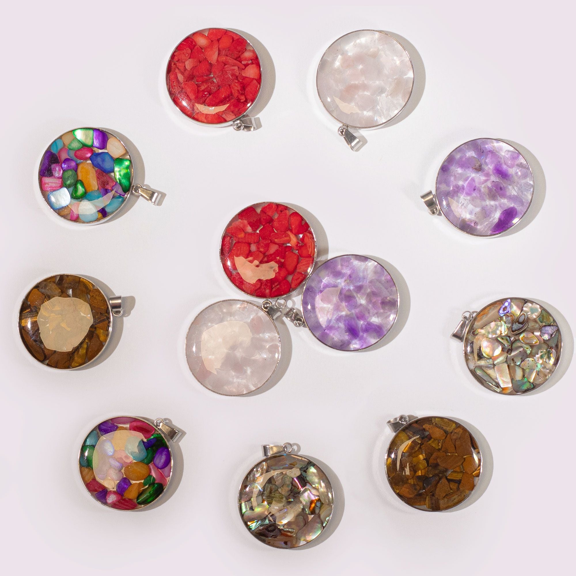 Steel Cased Pendant Round – 12 Assorted Gemstone Chips & Shells
