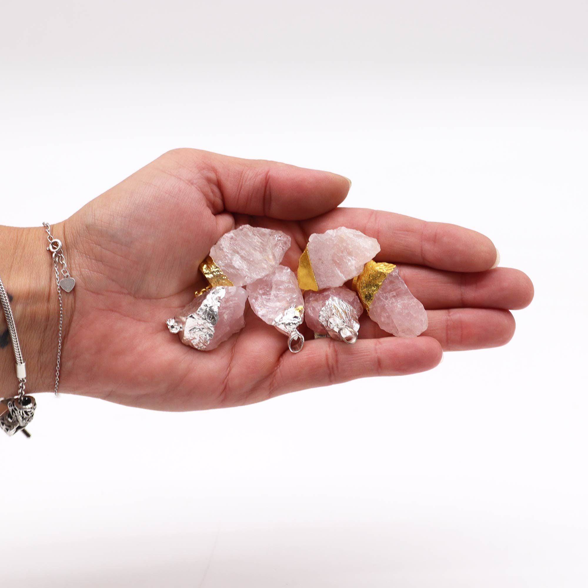 Gemstone Rose Quartz Gold & Silver Plated Pendants – 6 Assorted