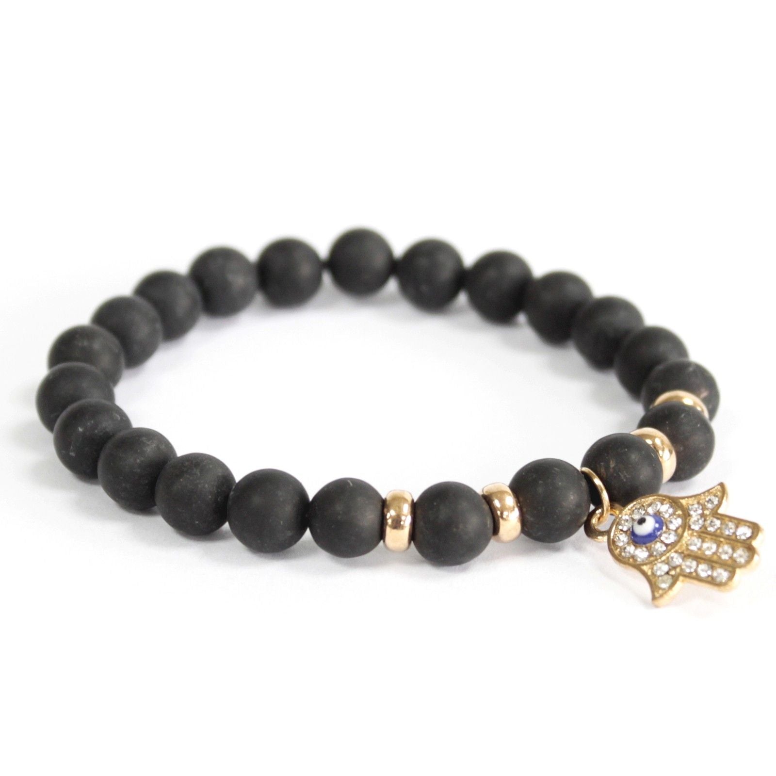 Hamsa Black Agate Gemstone Bracelet – Boho Jewelry