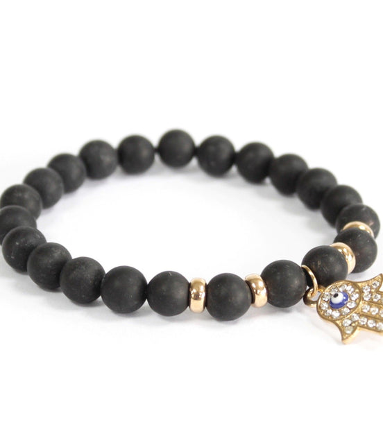 Hamsa Black Agate Gemstone Bracelet – Boho Jewelry
