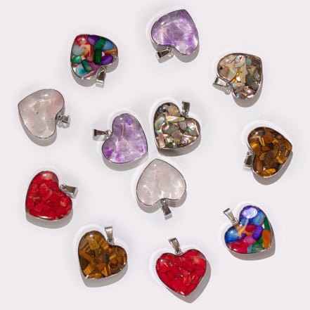 Steel Cased Pendant Hearts – 12 Assorted Gemstone Chips & Shells