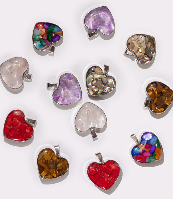 Steel Cased Pendant Hearts – 12 Assorted Gemstone Chips & Shells