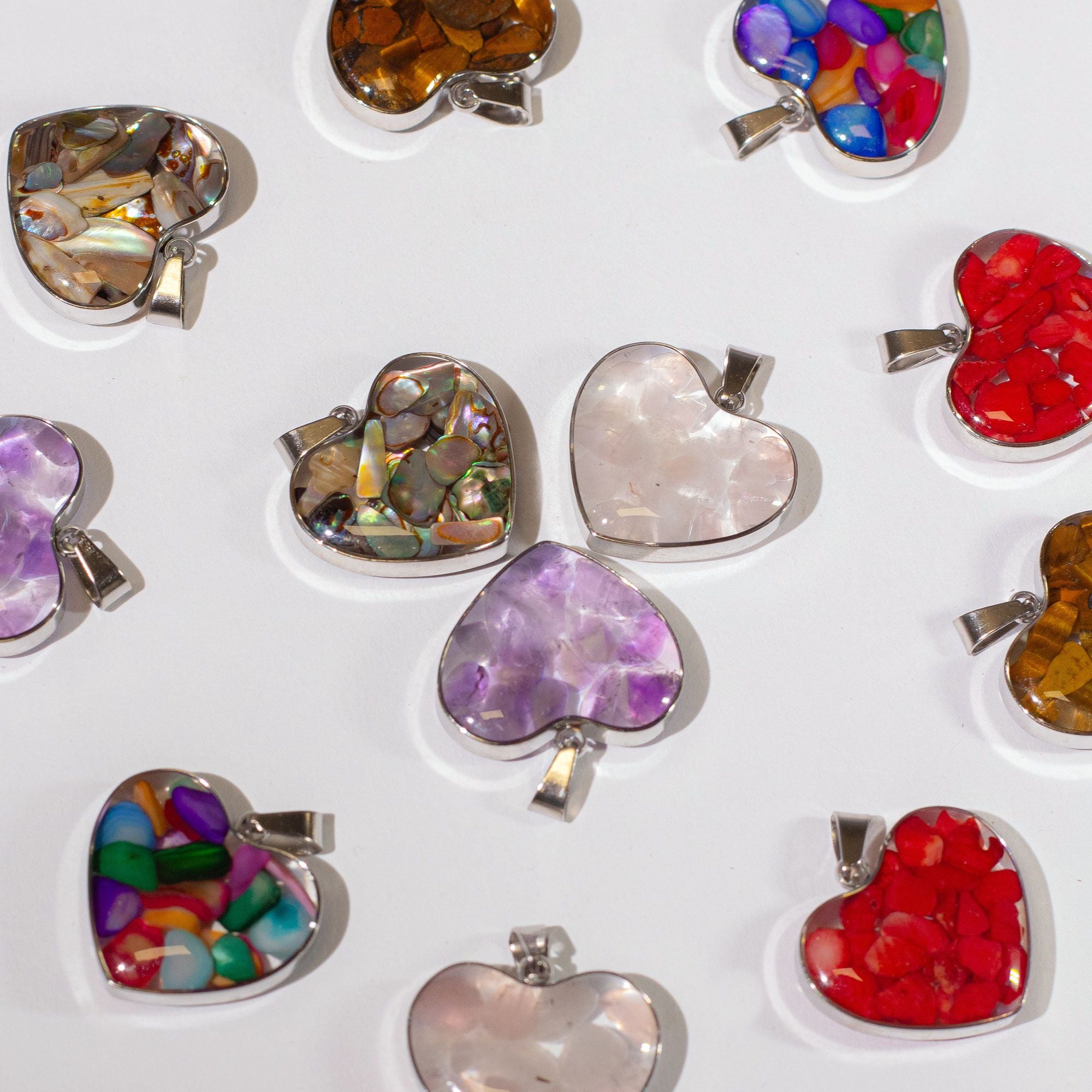 Steel Cased Pendant Hearts – 12 Assorted Gemstone Chips & Shells