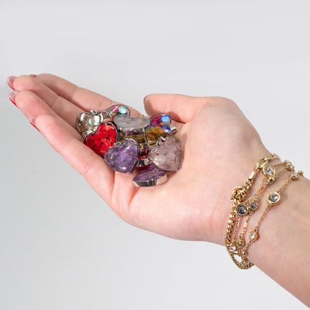Steel Cased Pendant Hearts – 12 Assorted Gemstone Chips & Shells