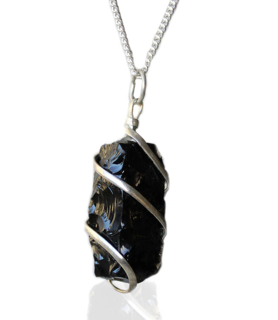 Black Onyx Gemstone Necklace – Cascade Wrapped Rough Pendant