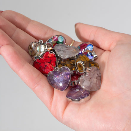 Steel Cased Pendant Hearts – 12 Assorted Gemstone Chips & Shells