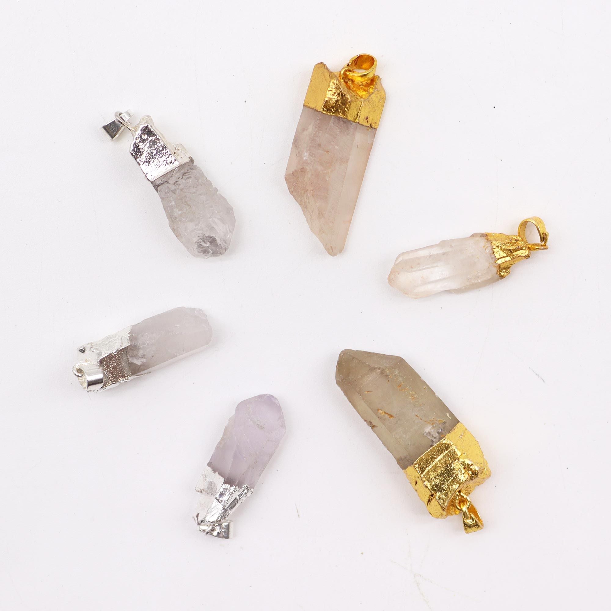 Gemstone Clear Quartz Gold & Silver Plated Pendants – 6 Assorted