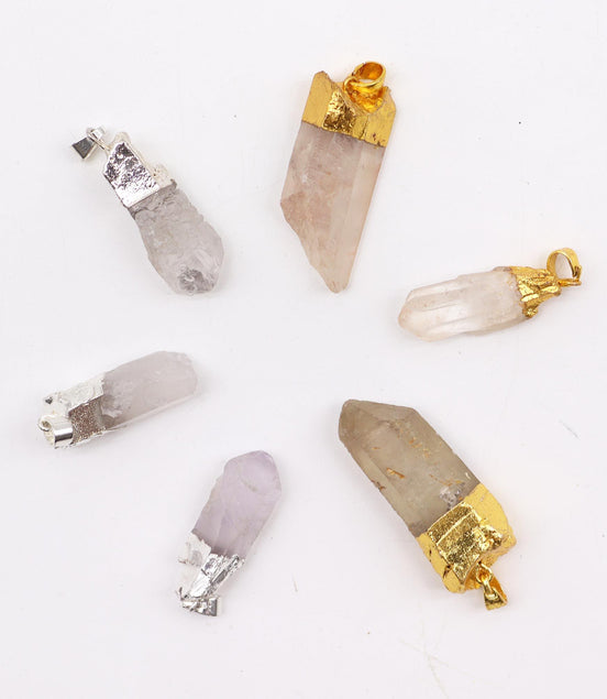 Gemstone Clear Quartz Gold & Silver Plated Pendants – 6 Assorted