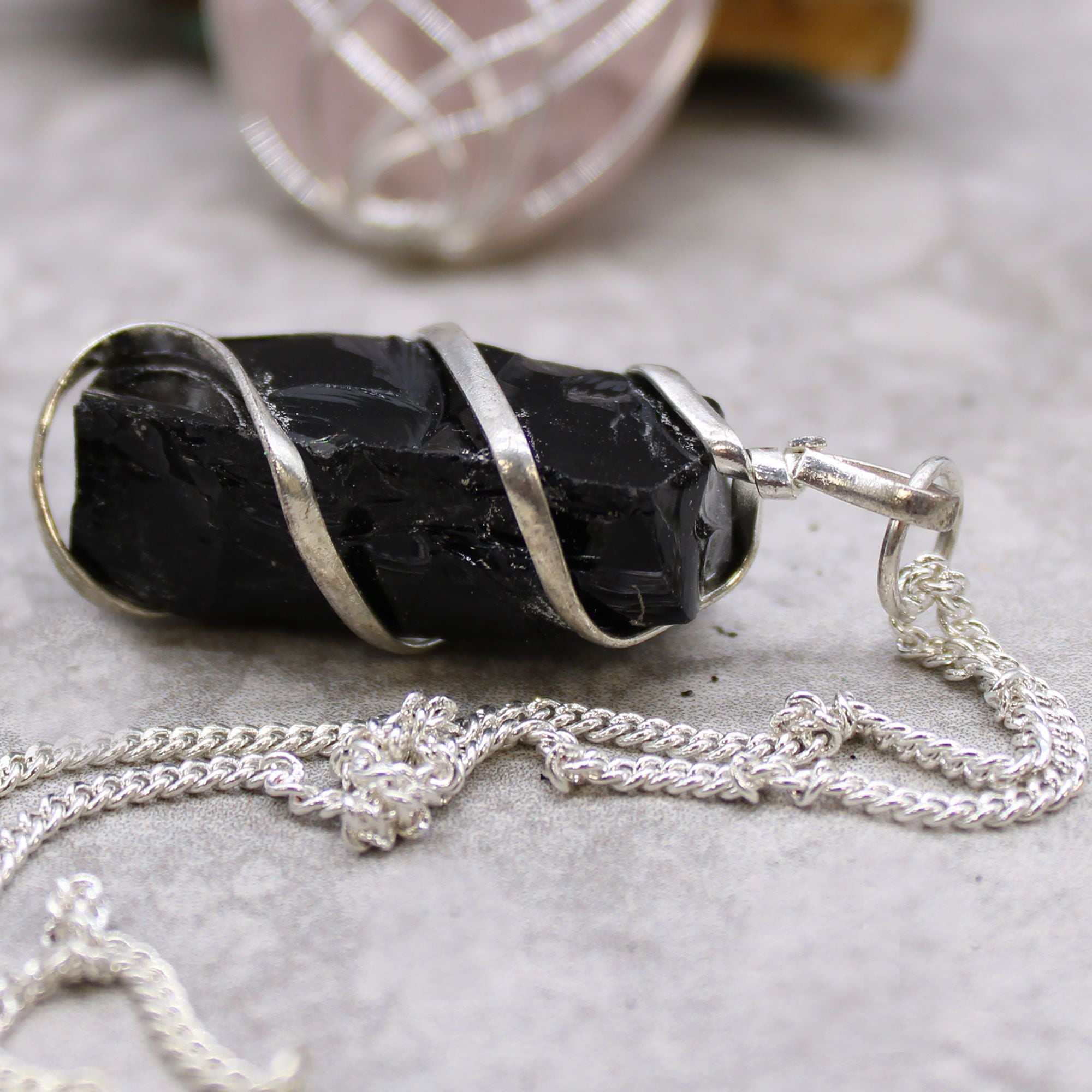 Black Onyx Gemstone Necklace – Cascade Wrapped Rough Pendant