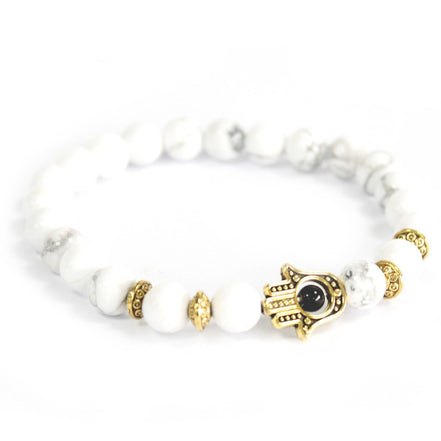 Gold Hamsa White Stone Gemstone Bracelet – Boho Jewelry