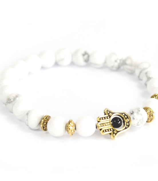 Gold Hamsa White Stone Gemstone Bracelet – Boho Jewelry