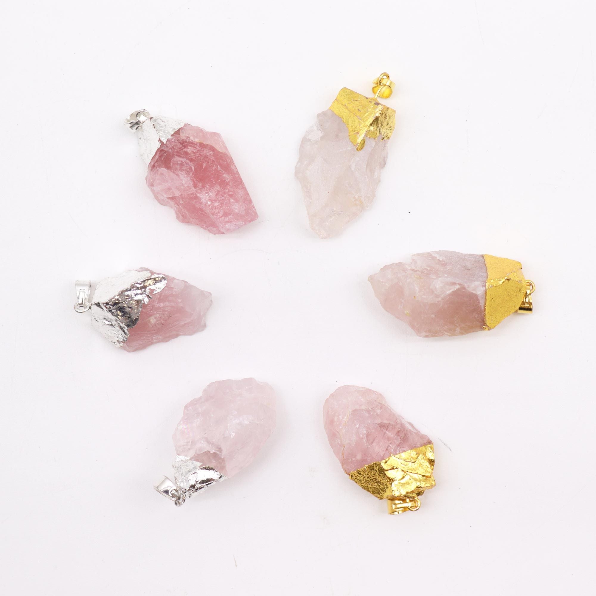Gemstone Rose Quartz Gold & Silver Plated Pendants – 6 Assorted