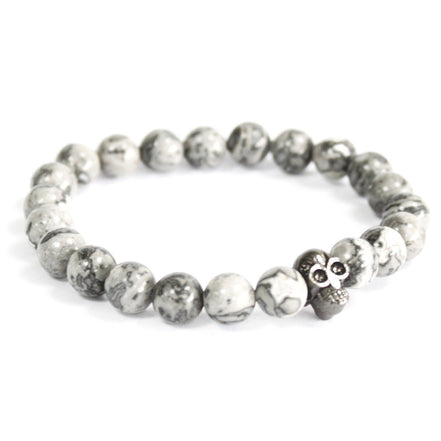 Pewter Skull Grey Agate Gemstone Bracelet – Boho Jewelry