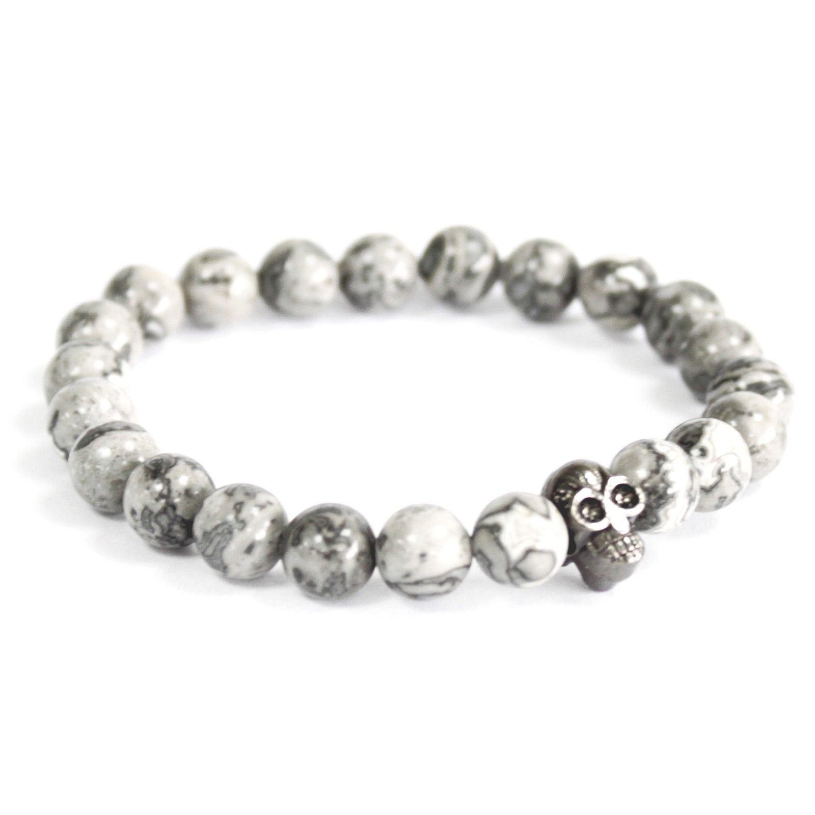 Pewter Skull Grey Agate Gemstone Bracelet – Boho Jewelry