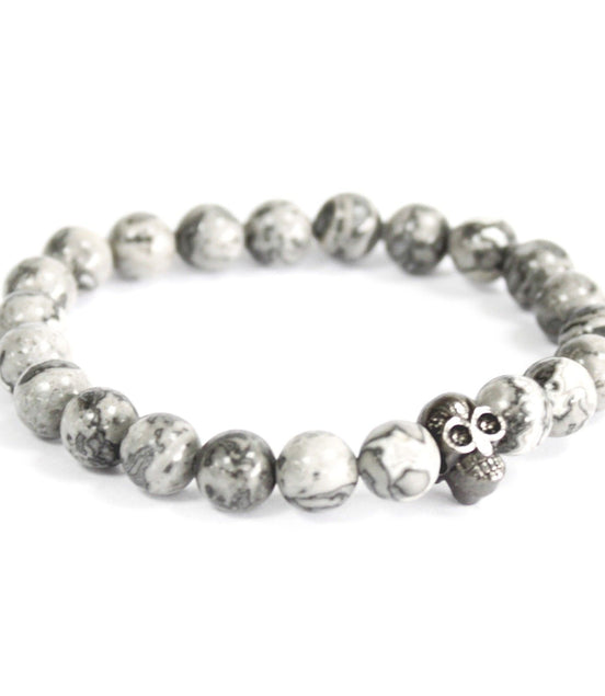 Pewter Skull Grey Agate Gemstone Bracelet – Boho Jewelry
