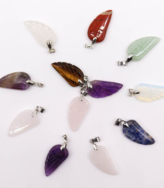 Gemstone Angel Wing Pendants – 12 Assorted 28x15mm