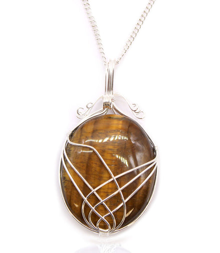 Tiger Eye Gemstone Necklace – Swirl Wrapped Pendant