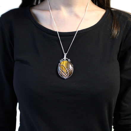 Tiger Eye Gemstone Necklace – Swirl Wrapped Pendant