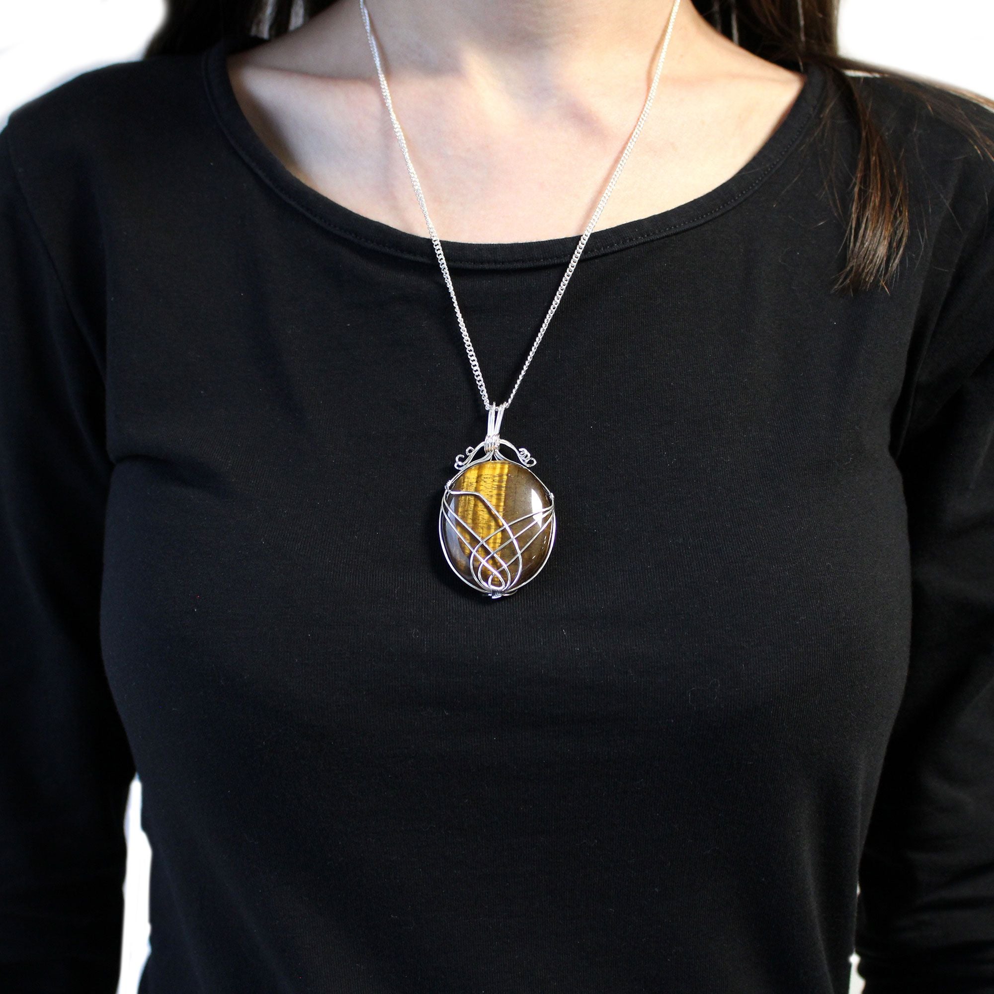 Tiger Eye Gemstone Necklace – Swirl Wrapped Pendant