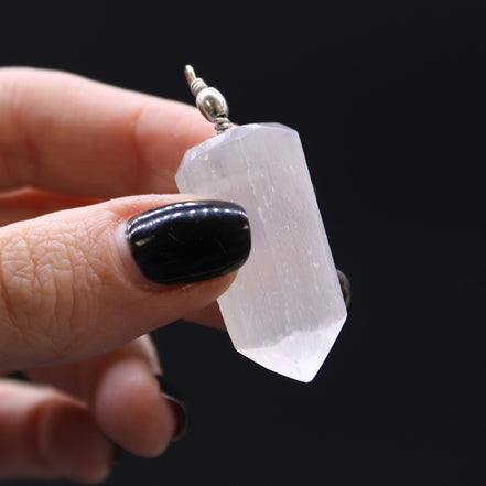 Selenite Obelisk Pendant – Sterling Silver Necklace Handmade