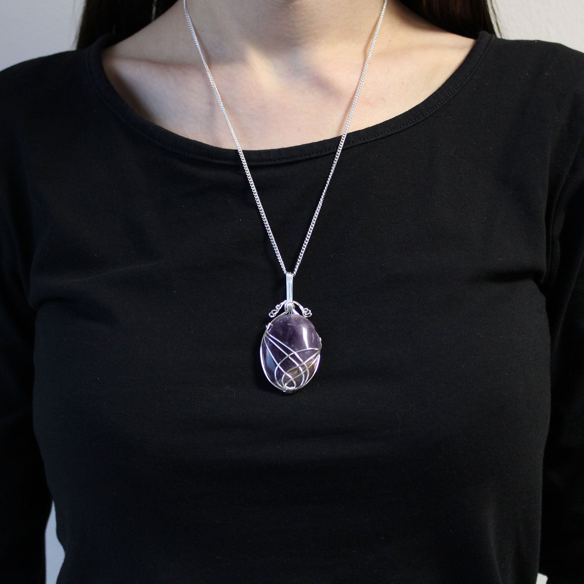 Amethyst Gemstone Necklace – Swirl Wrapped Pendant