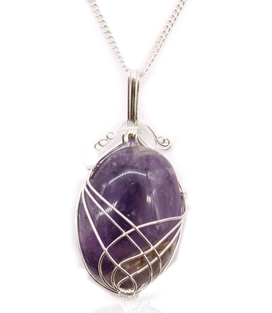 Amethyst Gemstone Necklace – Swirl Wrapped Pendant