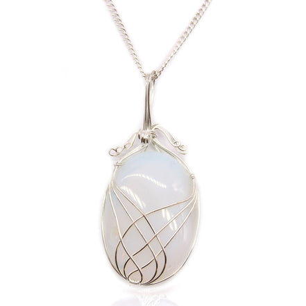 Opalite Gemstone Necklace – Swirl Wrapped Gem Pendant