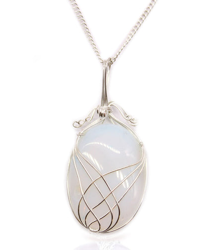 Opalite Gemstone Necklace – Swirl Wrapped Gem Pendant