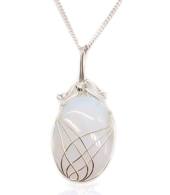 Opalite Gemstone Necklace – Swirl Wrapped Gem Pendant