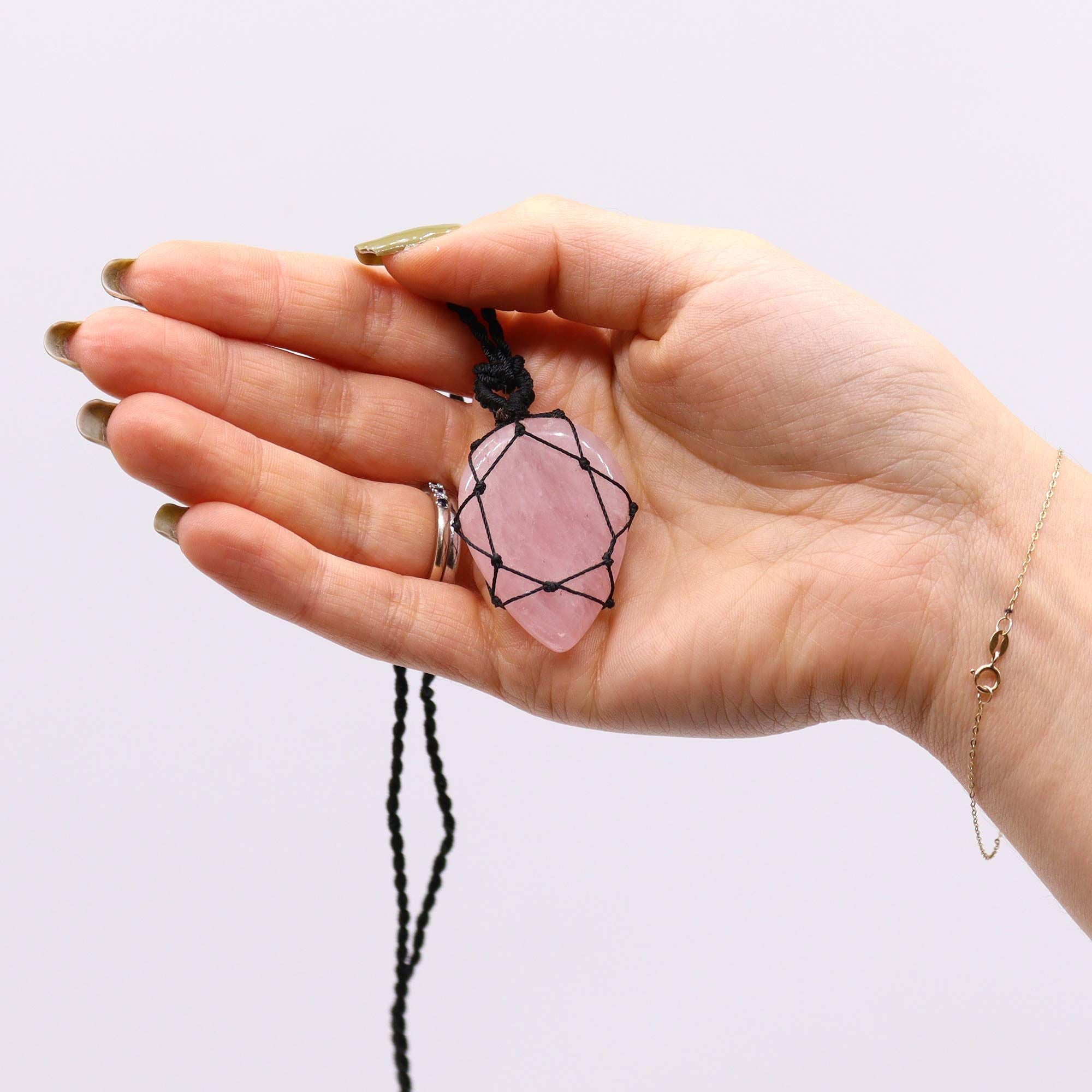 Laced Gemstone Teardrop Pendant Necklace – Rose Quartz